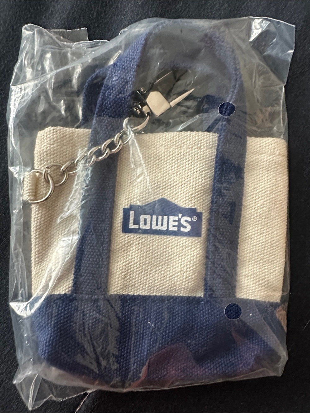 Lowe's Canvas Mini Tote Keychain - Navy and Cream